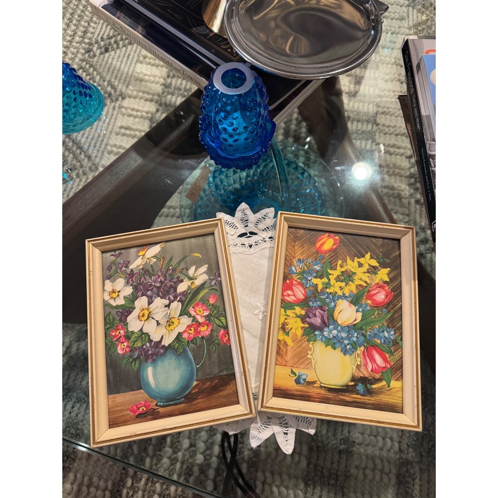 Original Vintage Framed Floral Print Pair Mid Century Cottagecore Wall Art - Picture 1 of 11